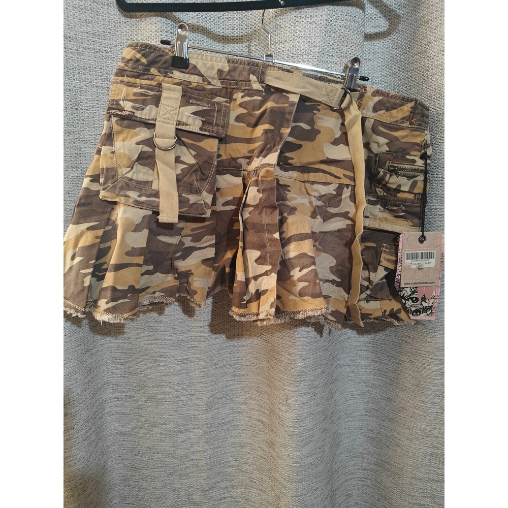 Cult Industries Camo Cargo Mini Skirt Y2K Punk Grunge Pleated Frayed Hem Size 11 - Picture 1 of 6